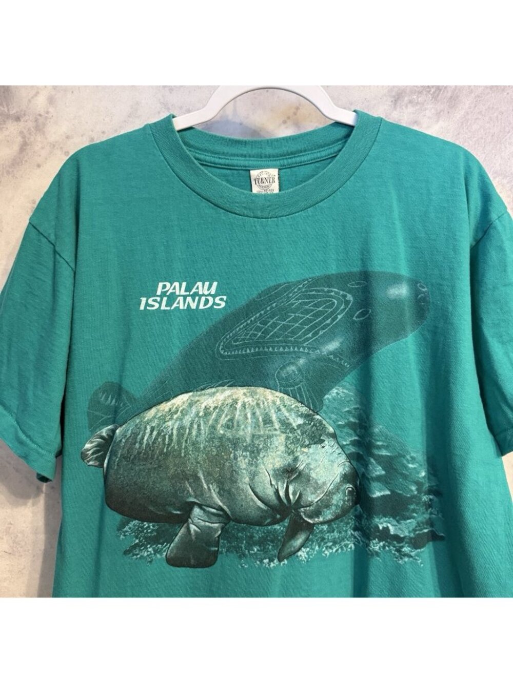Vintage 90s Palau Islands Manatee Nature T Shirt Mens XL Teal Single Stitch